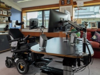 Stephen Hawking’s office with his desk, wheelchair and personal belongings